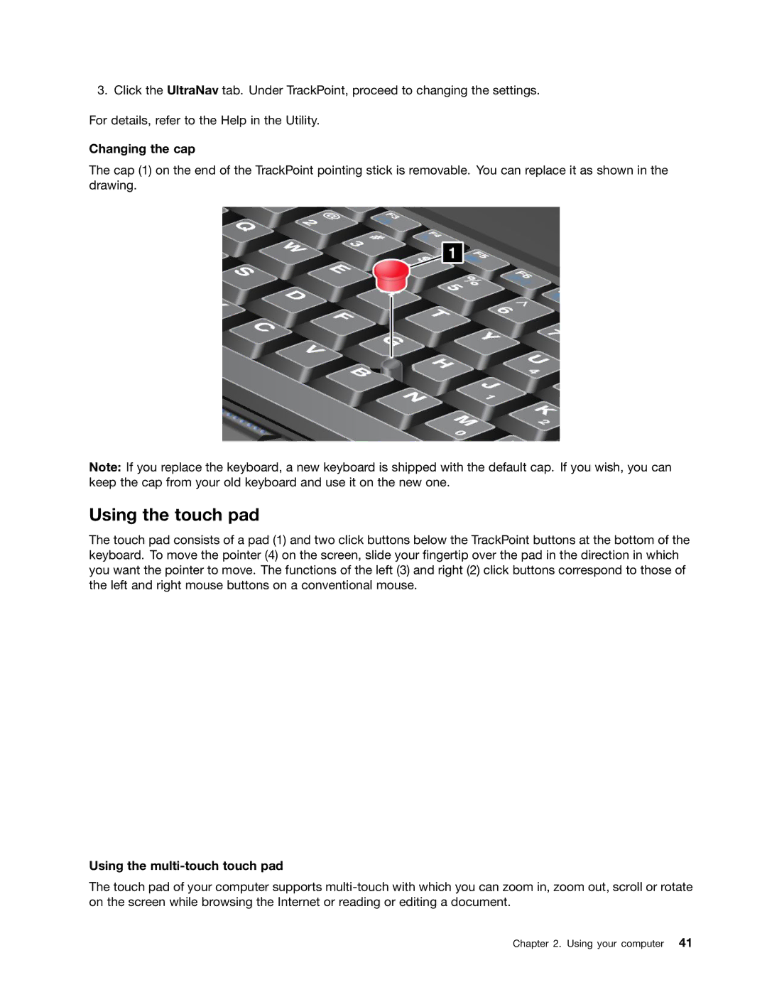 Lenovo 42421A0, NVS-4200M, 42825BU, 4242X04 manual Using the touch pad, Changing the cap, Using the multi-touch touch pad 