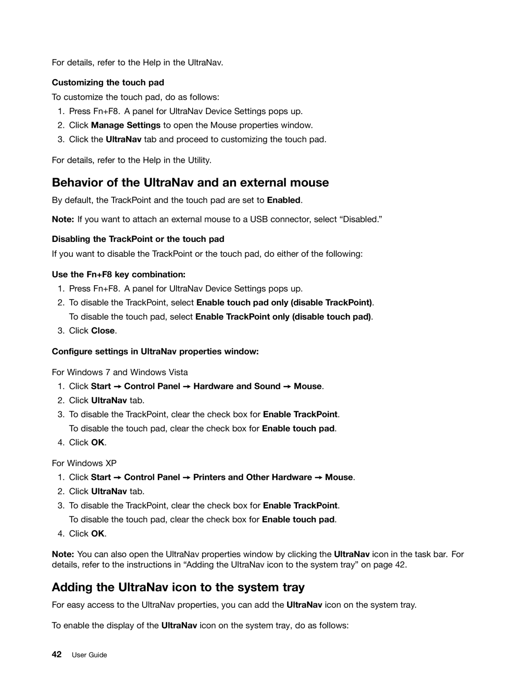 Lenovo NVS-4200M, 42825BU manual Behavior of the UltraNav and an external mouse, Adding the UltraNav icon to the system tray 