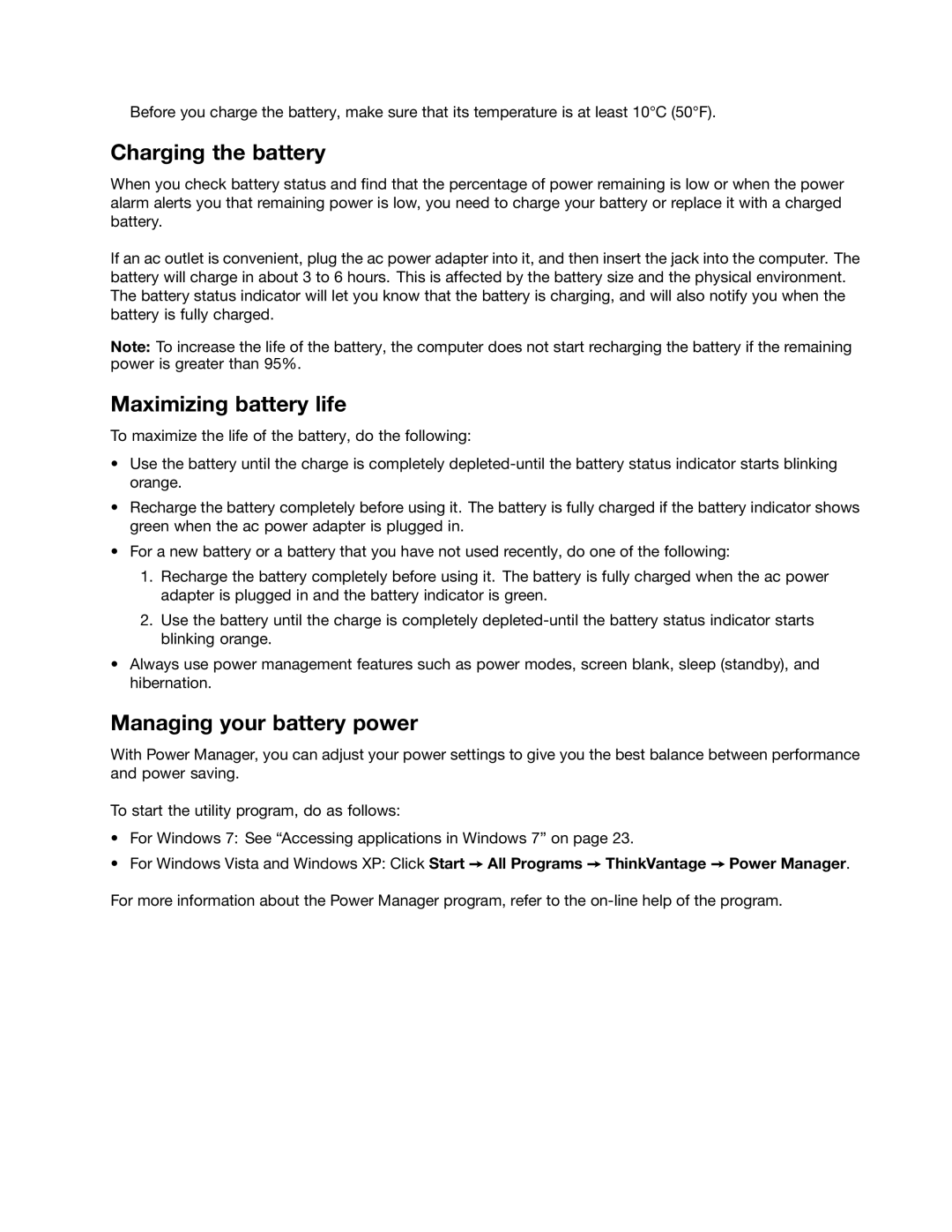 Lenovo 42421A0, NVS-4200M Charging the battery, Maximizing battery life, Managing your battery power, Power-saving modes 