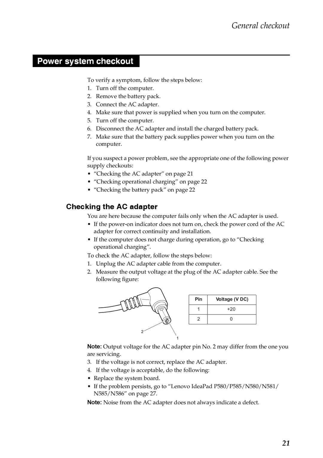 Lenovo P580, P585, N586, N585, N580, N581 manual Power system checkout, Checking the AC adapter 