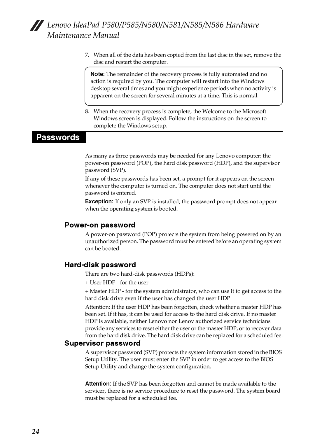 Lenovo N580, P585, P580, N586, N585, N581 manual Passwords, Power-on password, Hard-disk password, Supervisor password 