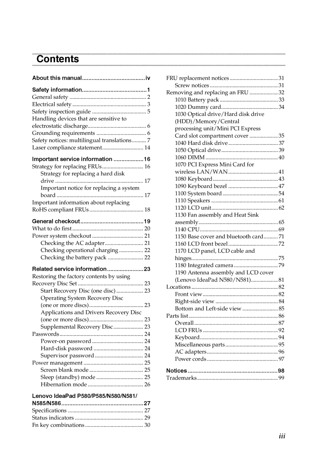 Lenovo N585, P585, P580, N586, N580, N581 manual Contents 