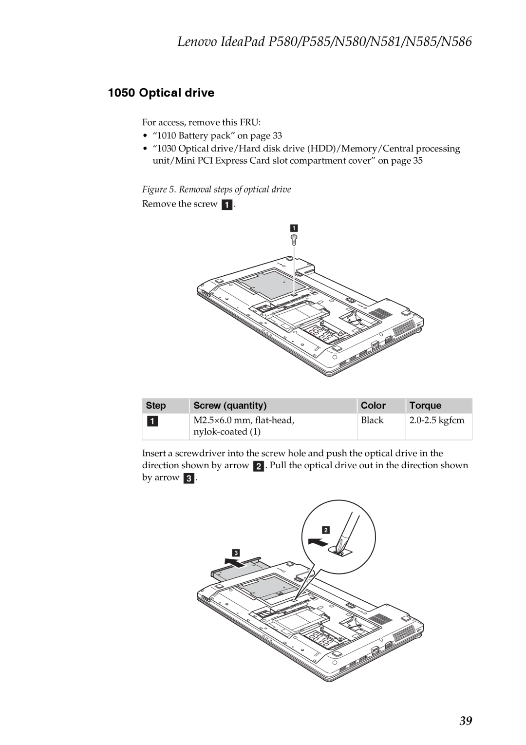 Lenovo P580, P585, N586, N585, N580, N581 manual Optical drive, Removal steps of optical drive 