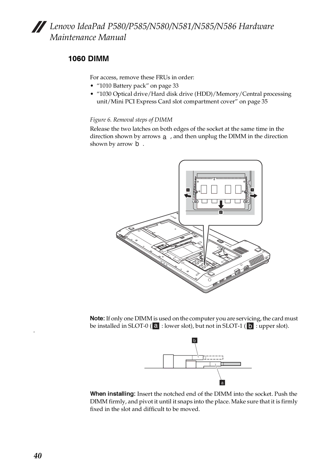 Lenovo N586, P585, P580, N585, N580, N581 manual Removal steps of Dimm 