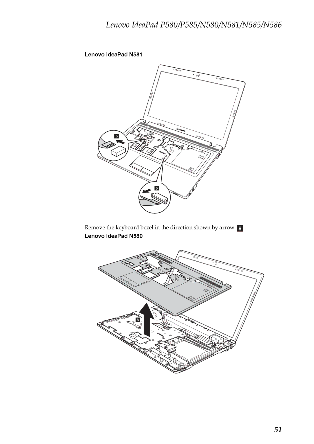 Lenovo P580, P585, N586, N585, N580, N581 manual Remove the keyboard bezel in the direction shown by arrow h 