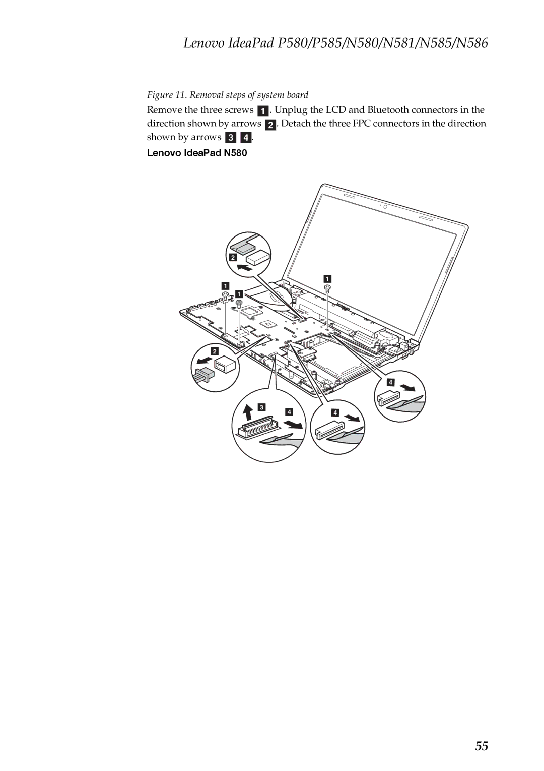 Lenovo N581, P585, P580, N586, N585, N580 manual Removal steps of system board 