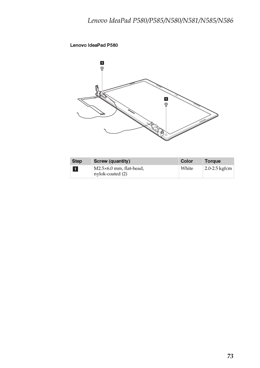 Lenovo N581, P585, N586, N585, N580 manual Lenovo IdeaPad P580 Step Screw quantity Color Torque 