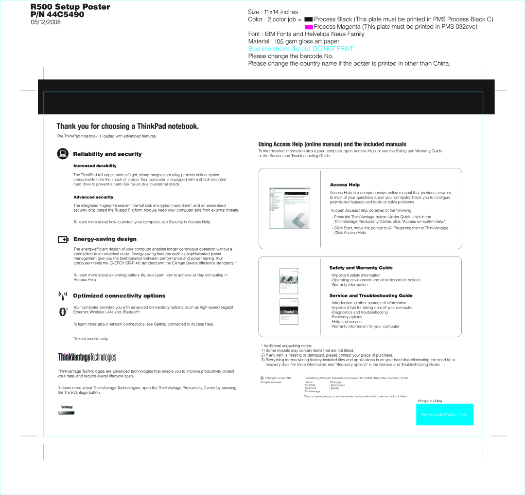 Lenovo P/N 44C5490 44C5490 Thank you for choosing a ThinkPad notebook, Reliability and security, Energy-saving design 