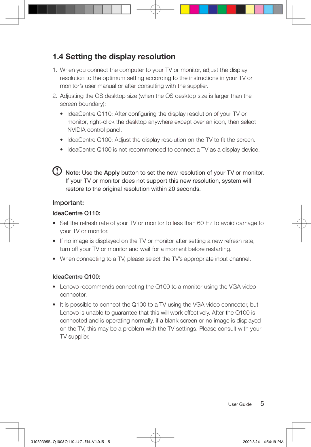 Lenovo Q100, Q110 manual Setting the display resolution 