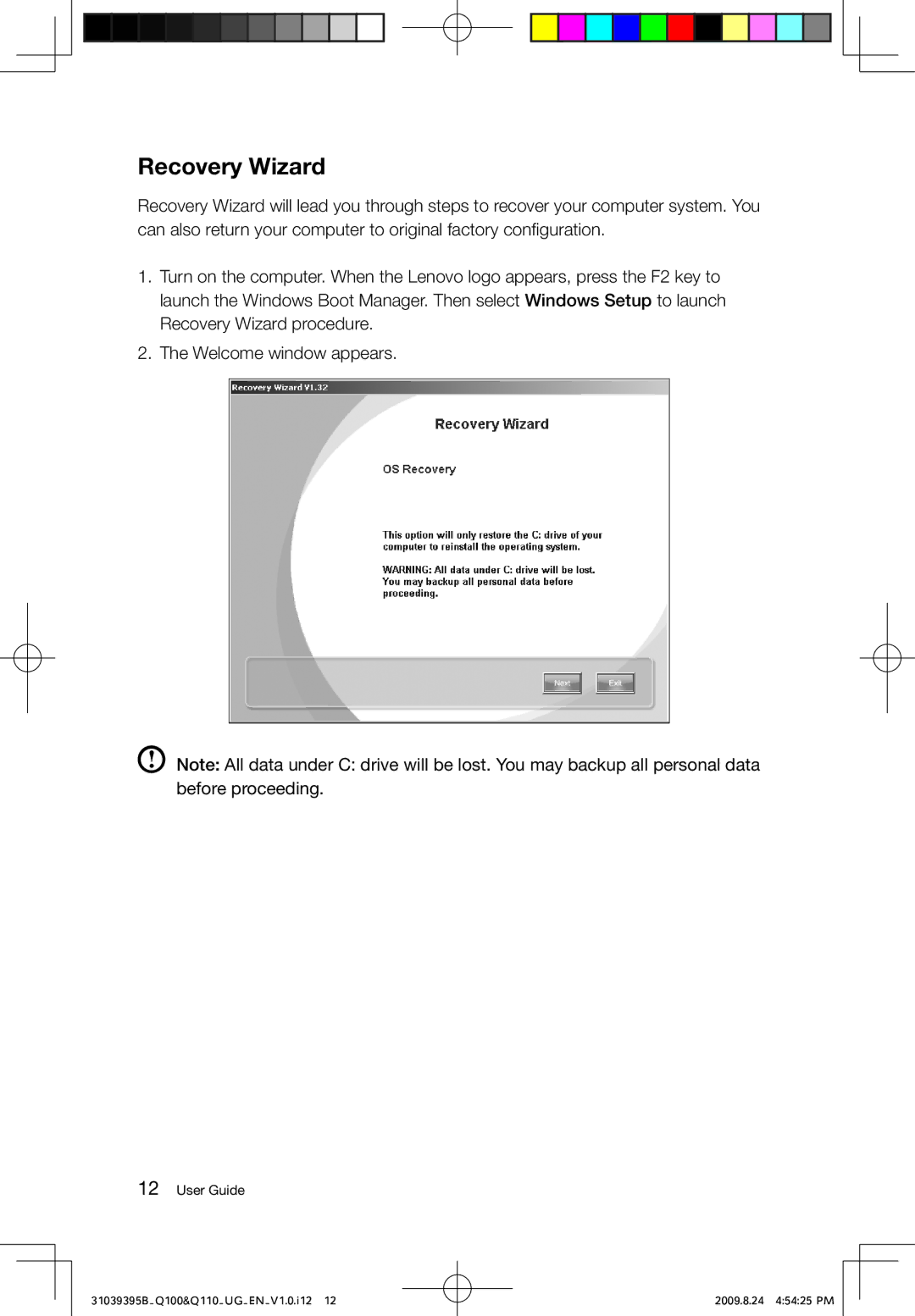 Lenovo Q110, Q100 manual Recovery Wizard 