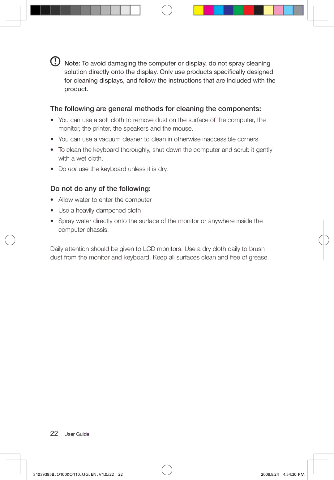 Lenovo Q110, Q100 manual Following are general methods for cleaning the components 