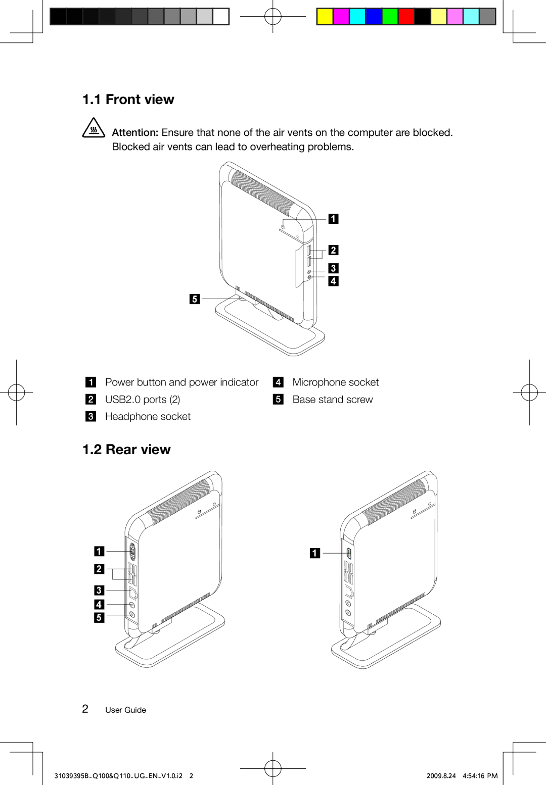 Lenovo Q110, Q100 manual Front view, Rear view 