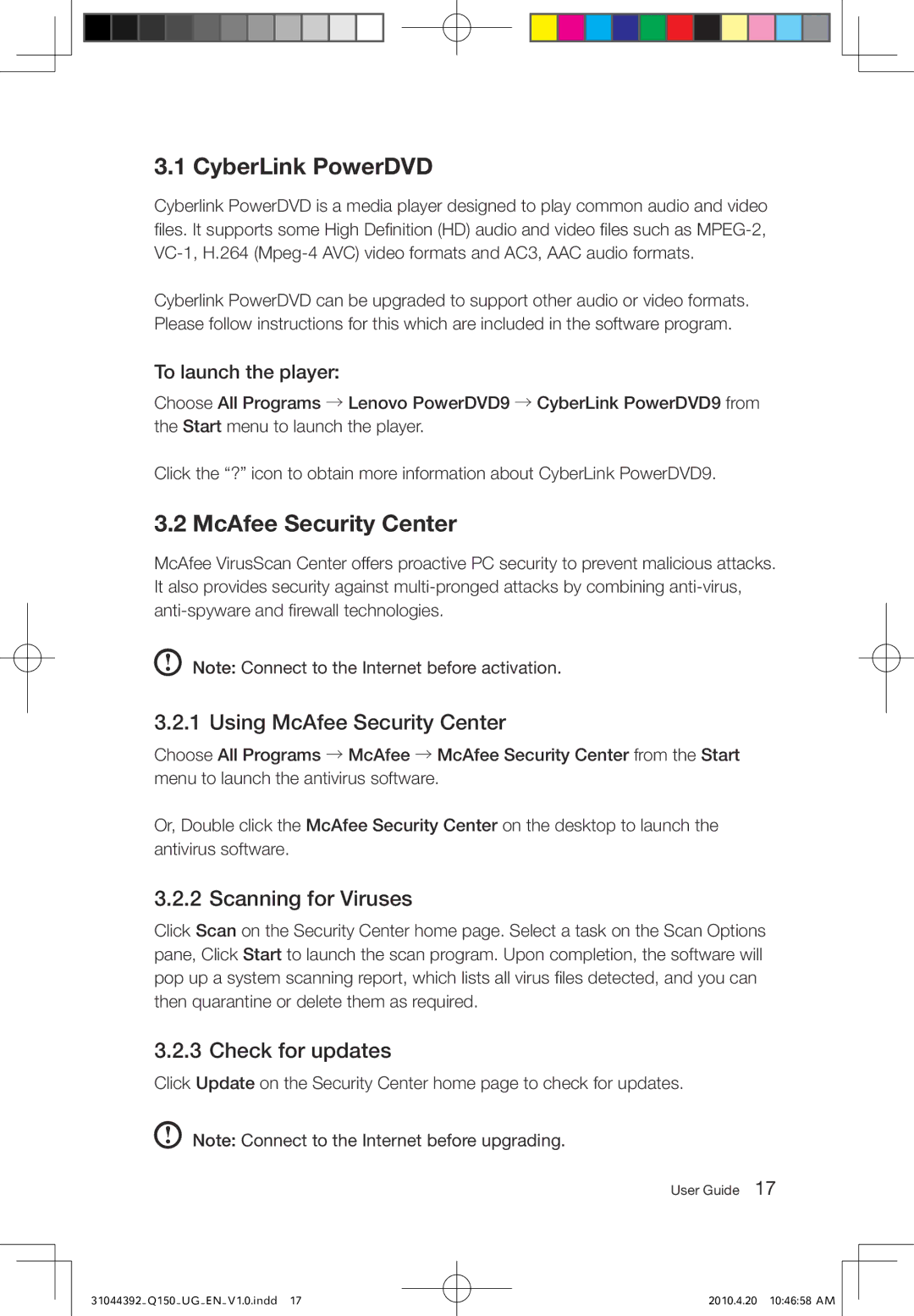 Lenovo Q150 manual CyberLink PowerDVD, Using McAfee Security Center, Scanning for Viruses, Check for updates 