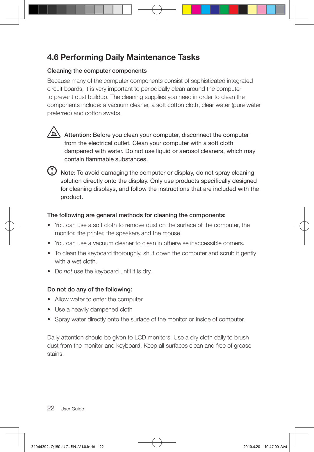 Lenovo Q150 manual Performing Daily Maintenance Tasks, Cleaning the computer components 