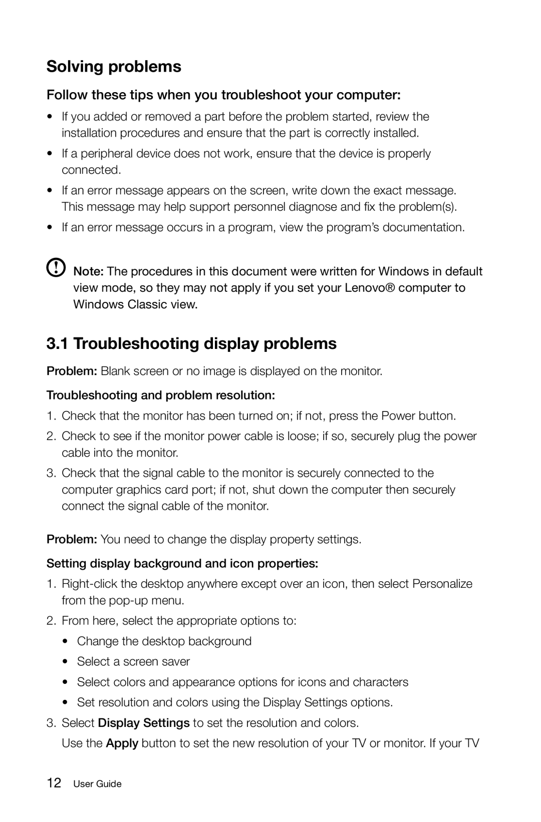 Lenovo Q180 Series manual Solving problems, Troubleshooting display problems 