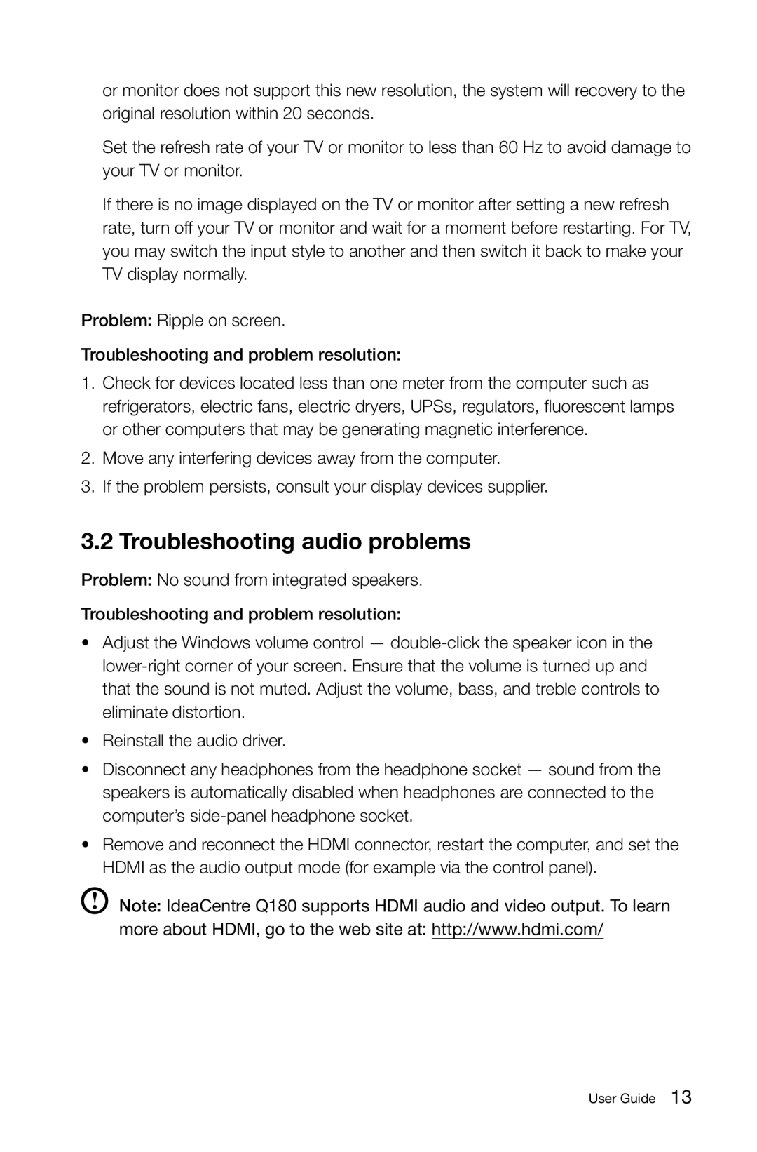 Lenovo Q180 Series manual Troubleshooting audio problems 