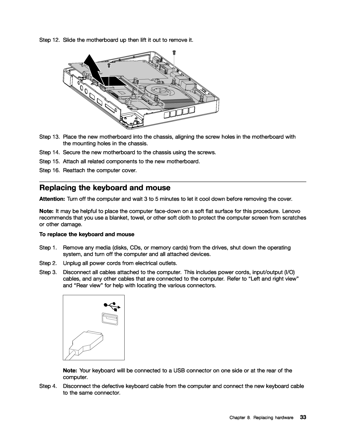 Lenovo Q180 manual Replacing the keyboard and mouse, To replace the keyboard and mouse 