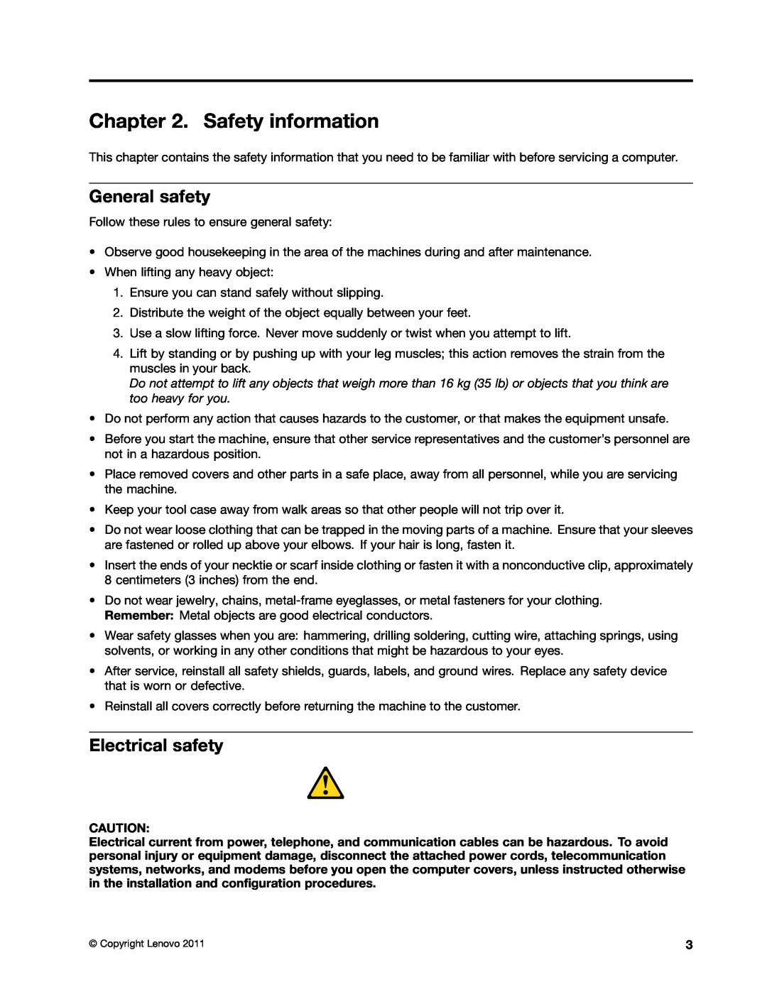 Lenovo Q180 manual Safety information, General safety, Electrical safety 