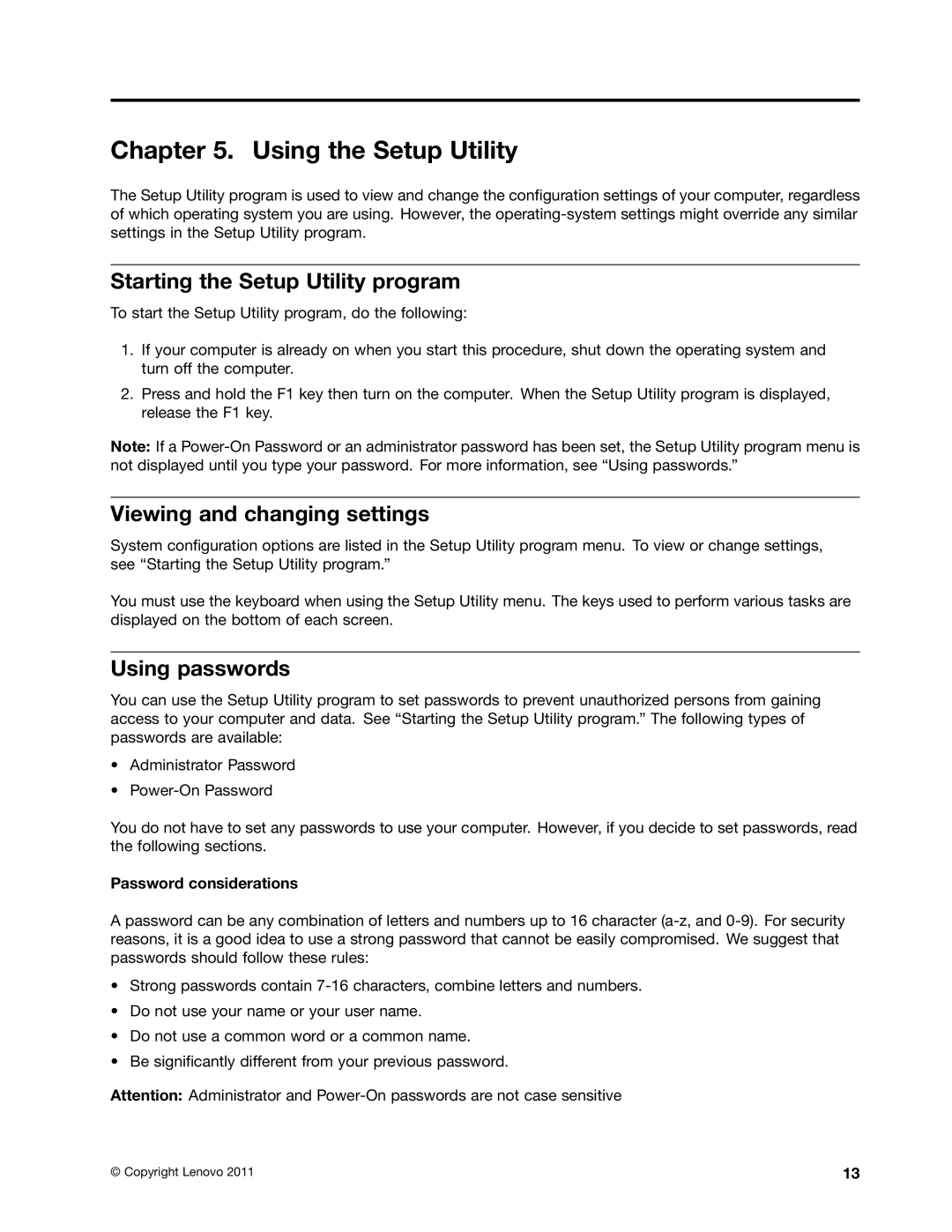 Lenovo Q180 Using the Setup Utility, Starting the Setup Utility program, Viewing and changing settings, Using passwords 