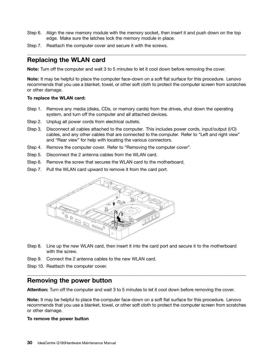 Lenovo Q180 manual Replacing the Wlan card, Removing the power button, To replace the Wlan card, To remove the power button 