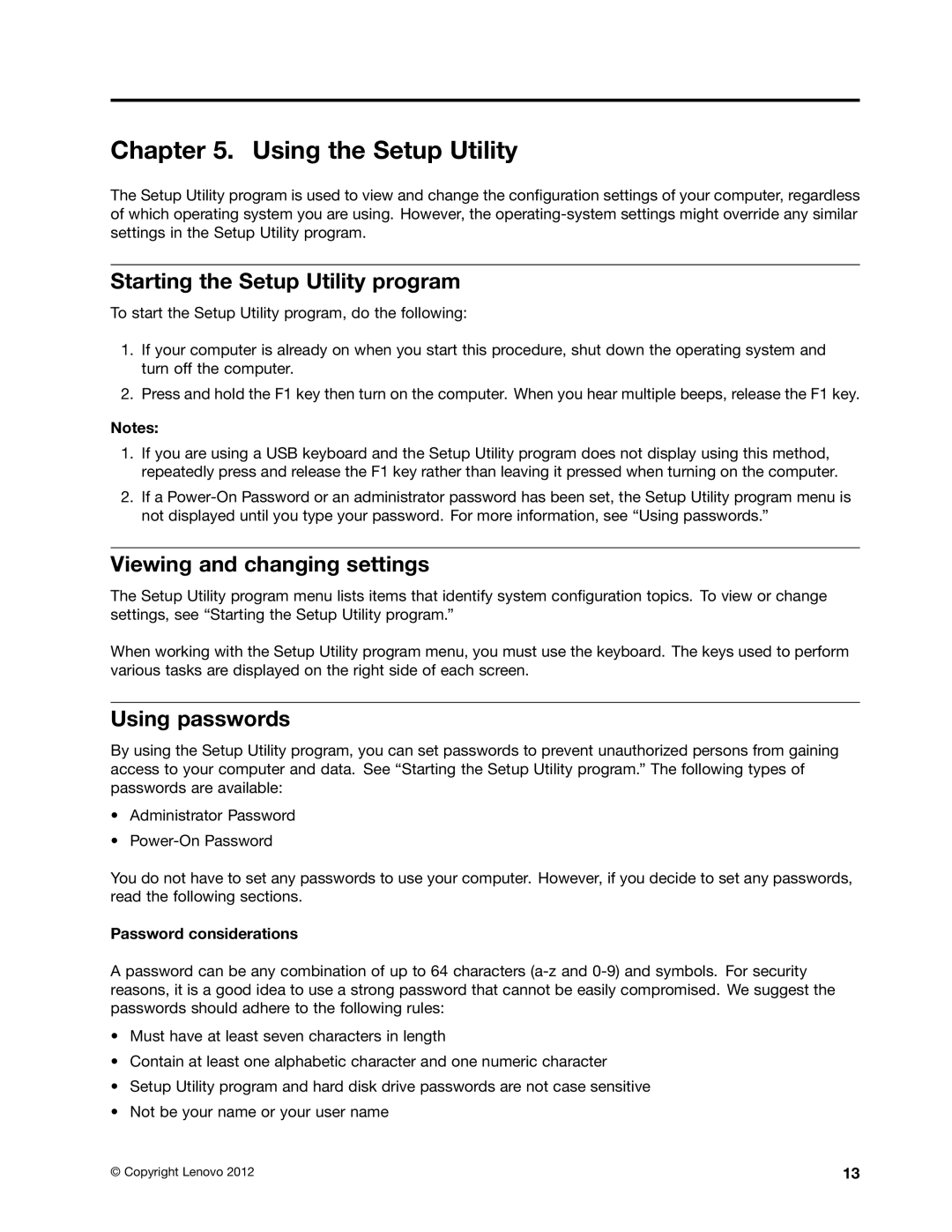 Lenovo 6281 Using the Setup Utility, Starting the Setup Utility program, Viewing and changing settings, Using passwords 