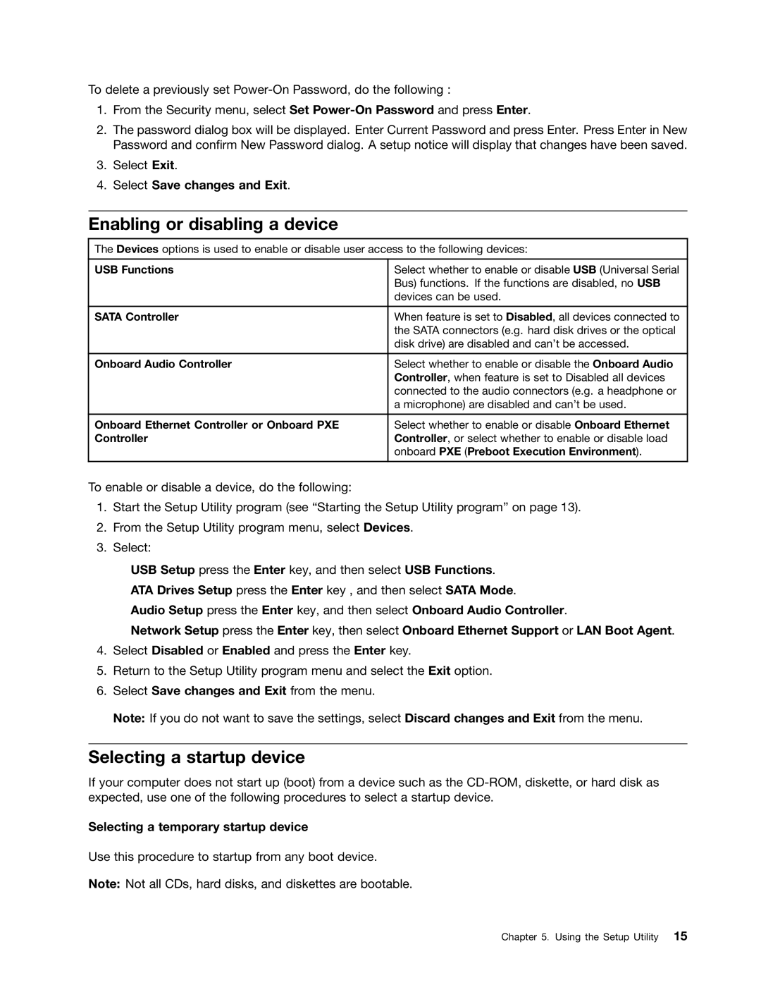 Lenovo 6281, Q190 manual Enabling or disabling a device, Selecting a startup device, Select Save changes and Exit 