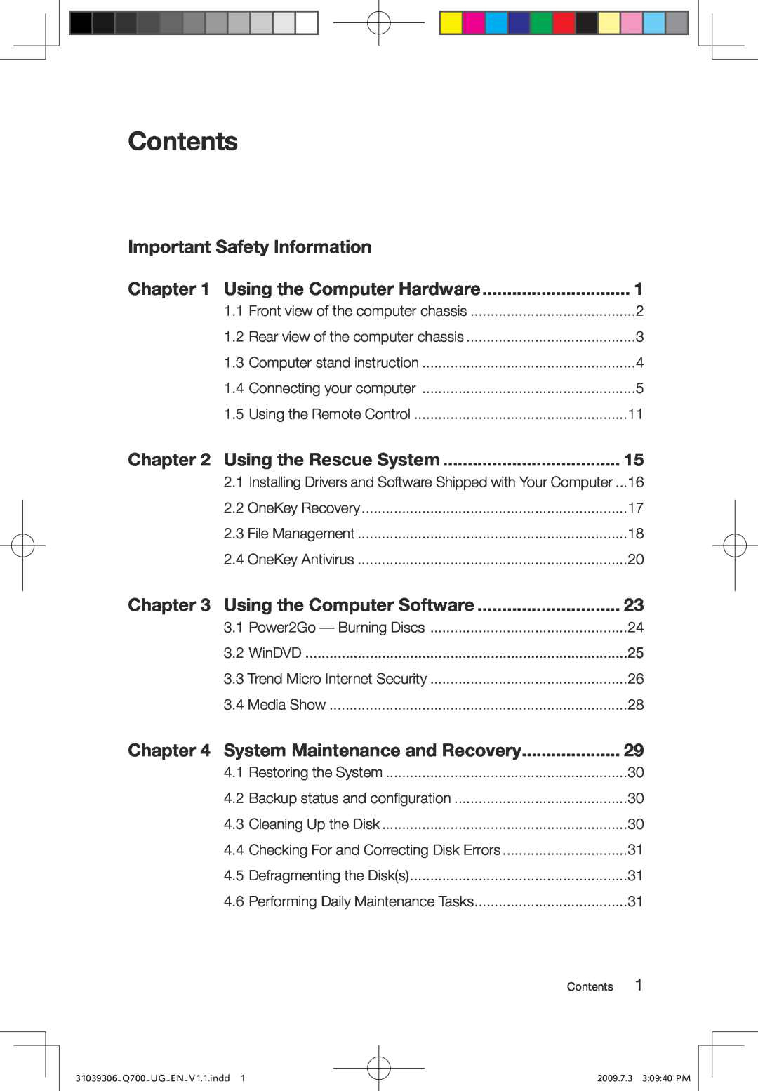 Lenovo Q700 manual Contents, Important Safety Information, Using the Computer Hardware, Using the Rescue System 