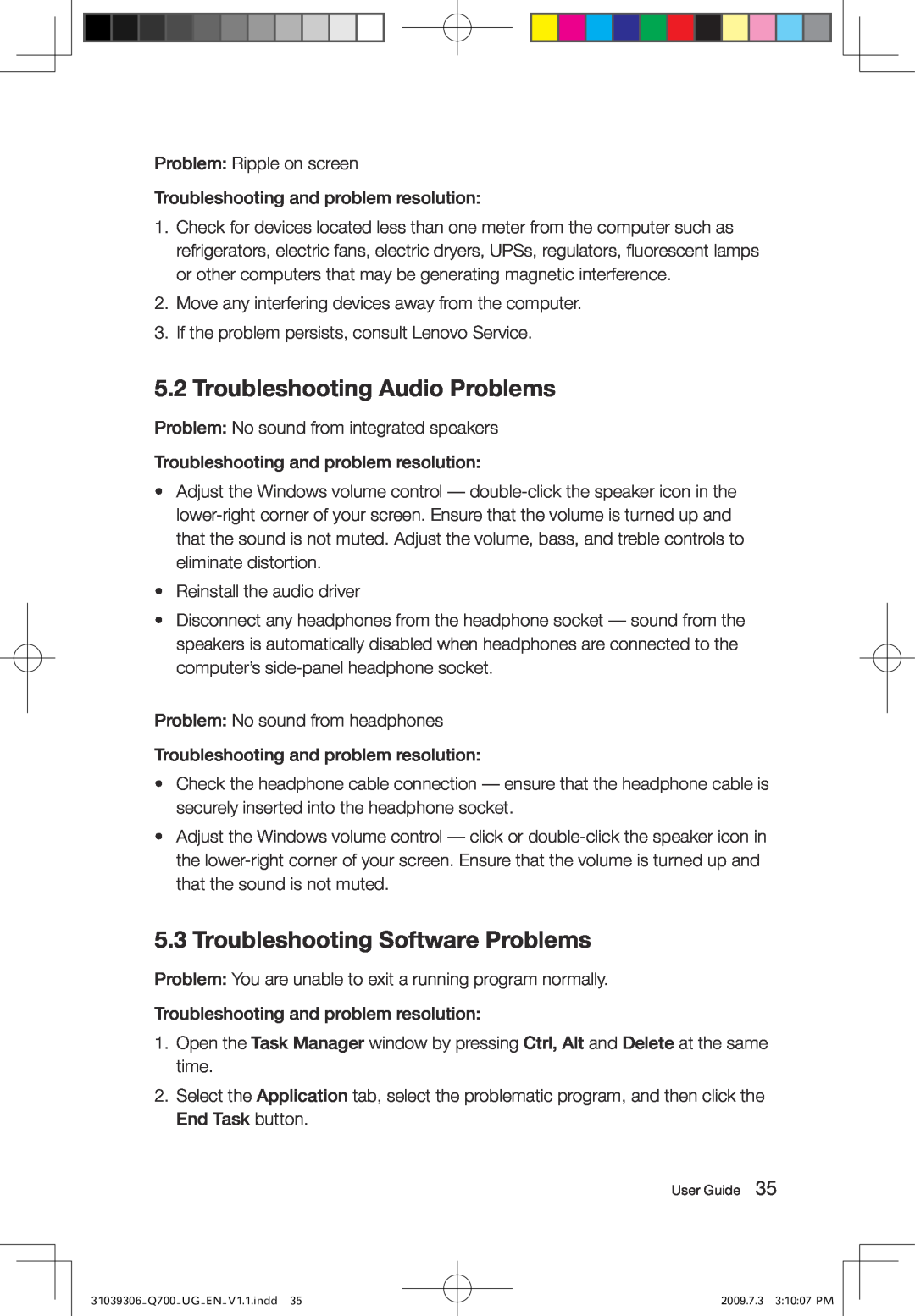 Lenovo Q700 manual Troubleshooting Audio Problems, Troubleshooting Software Problems 