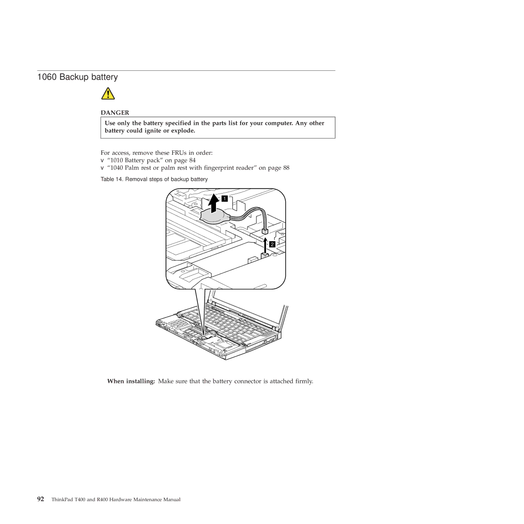 Lenovo R400 manual Backup battery 