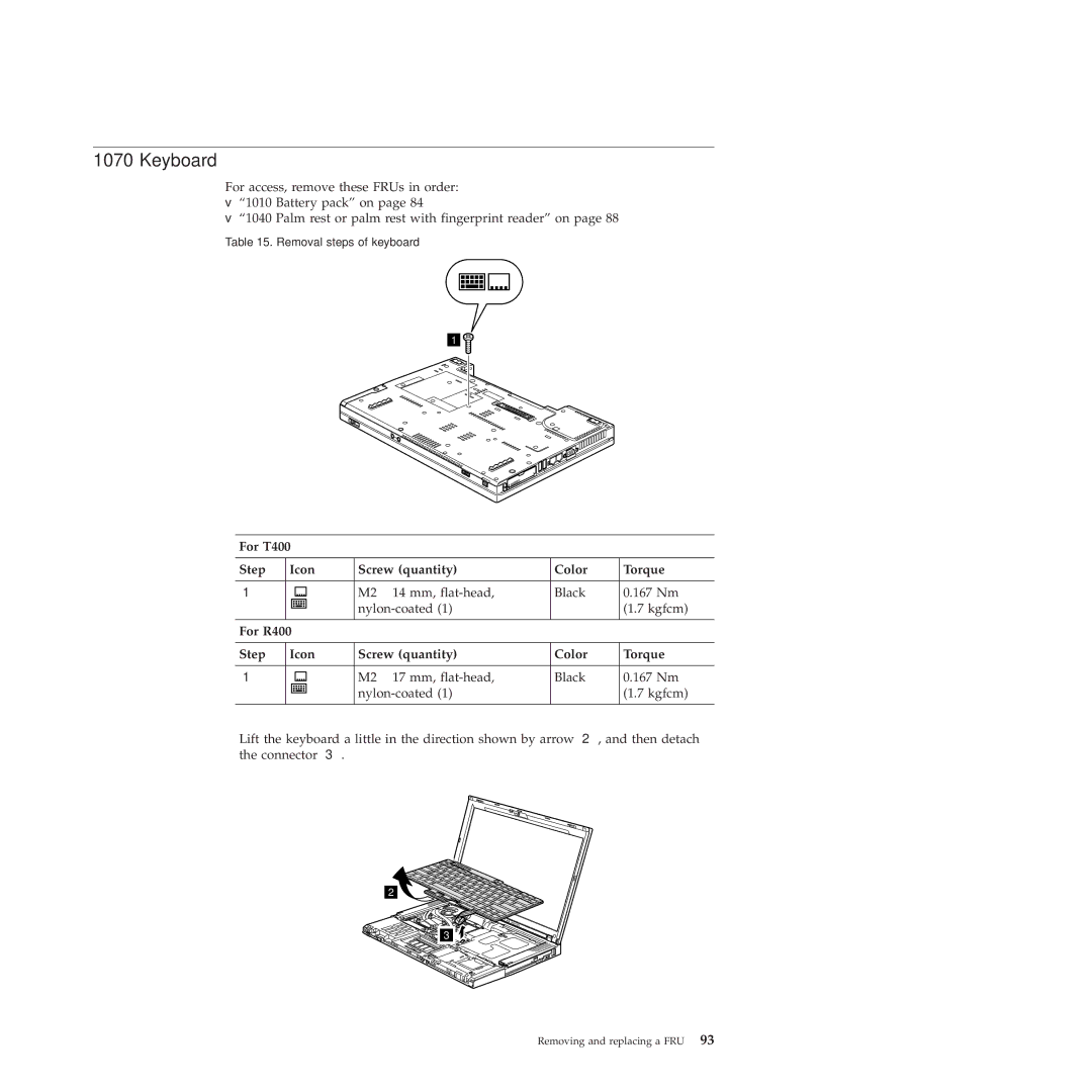 Lenovo R400 manual Keyboard, For T400 Step Icon Screw quantity Color Torque 