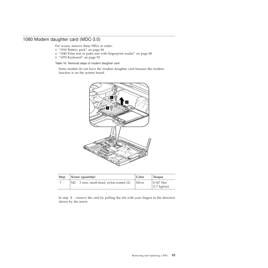 Lenovo R400 manual Modem daughter card MDC-3.0, Step Screw quantity Color Torque 