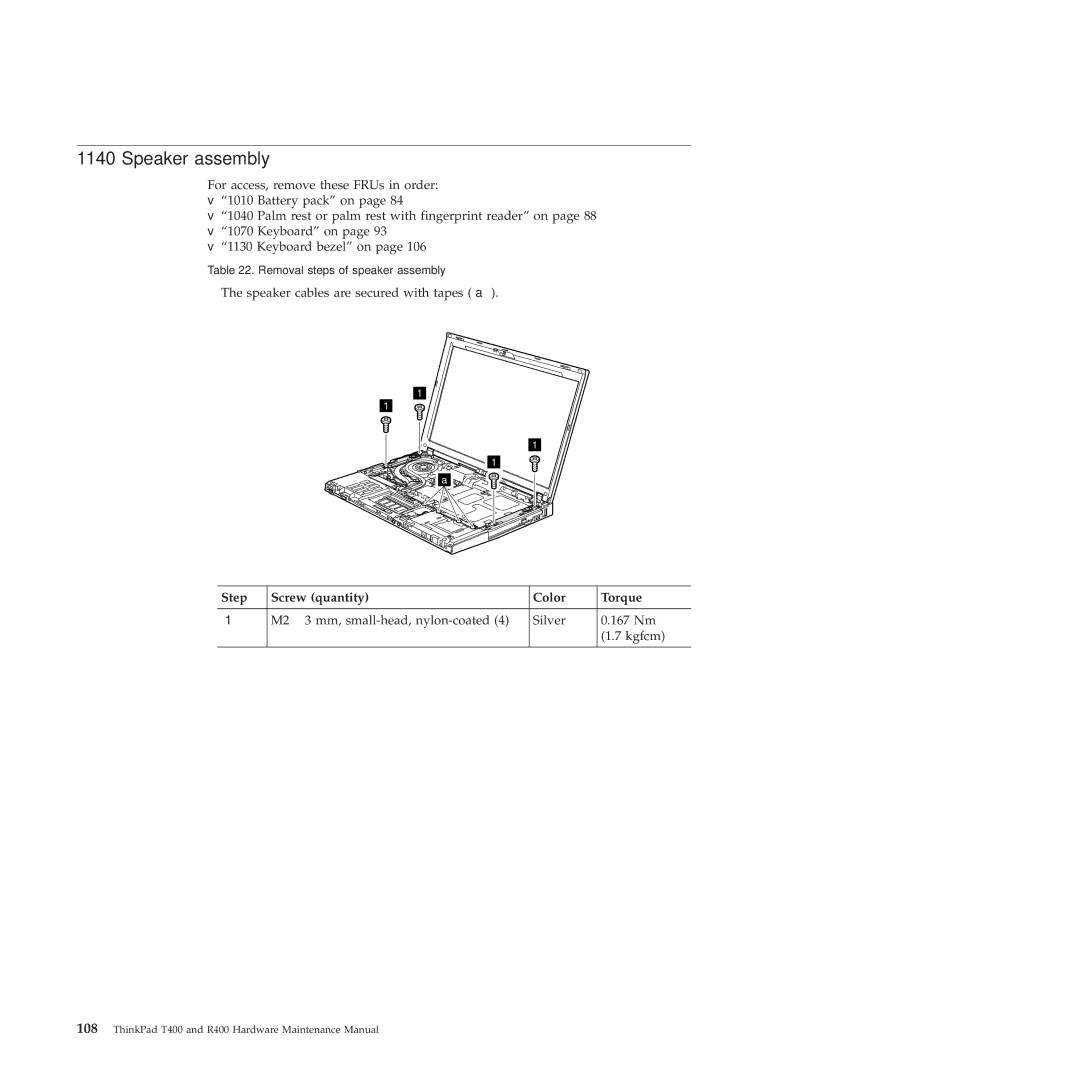 Lenovo R400 manual Speaker assembly 