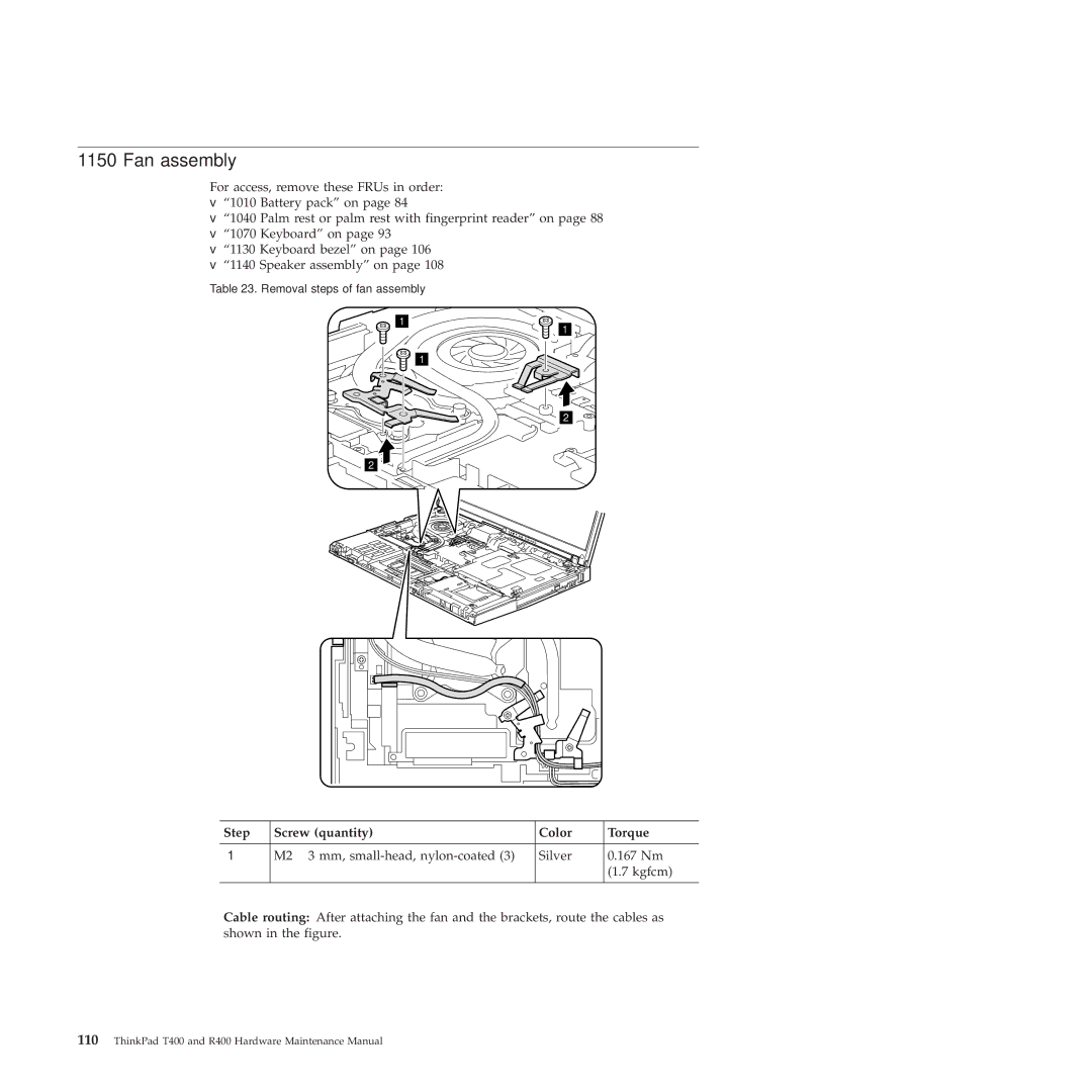 Lenovo R400 manual Fan assembly 