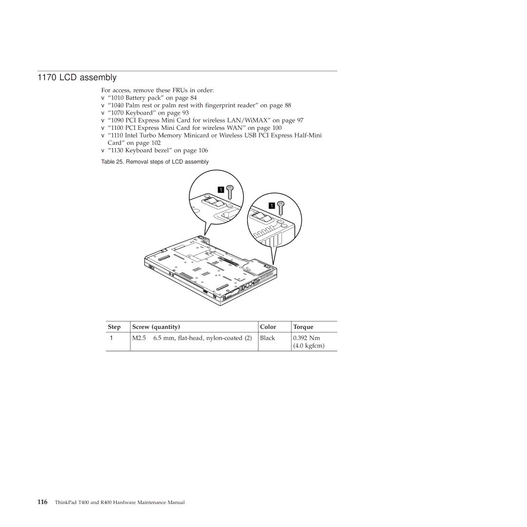 Lenovo R400 manual LCD assembly, Step Screw quantity Color Torque 