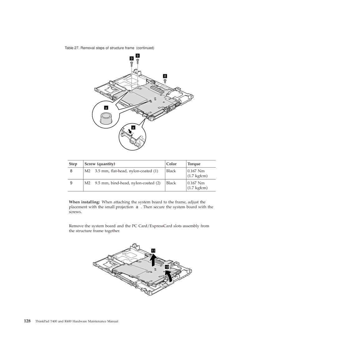 Lenovo R400 manual Step Screw quantity Color Torque 