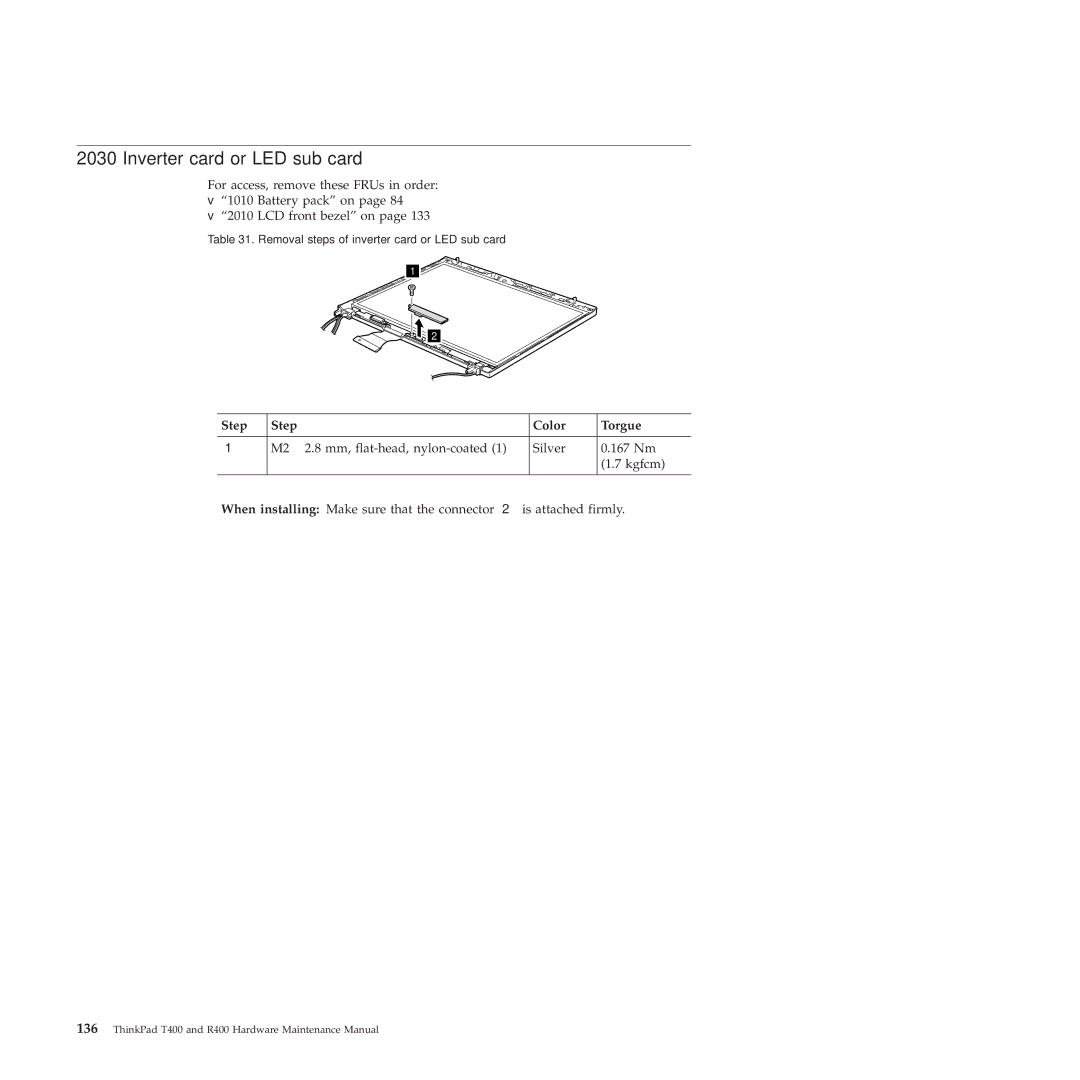 Lenovo R400 manual Inverter card or LED sub card, Step Color Torgue 