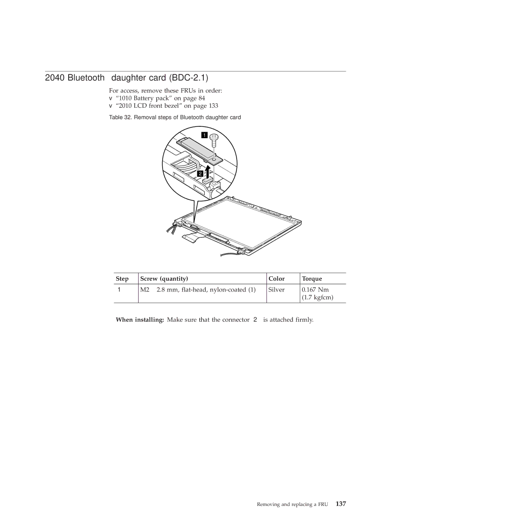 Lenovo R400 manual Bluetooth daughter card BDC-2.1, Step Screw quantity Color Torque 