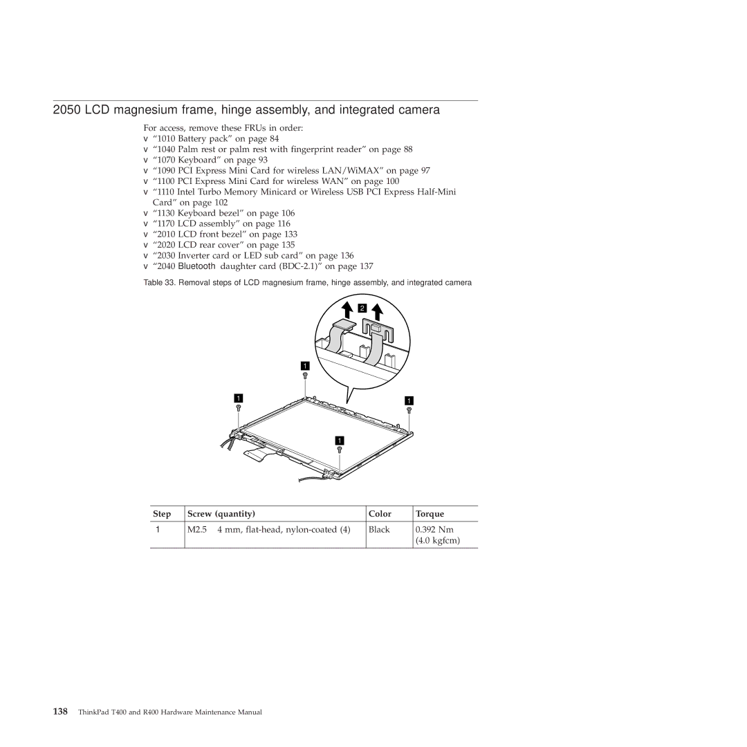 Lenovo R400 manual LCD magnesium frame, hinge assembly, and integrated camera 