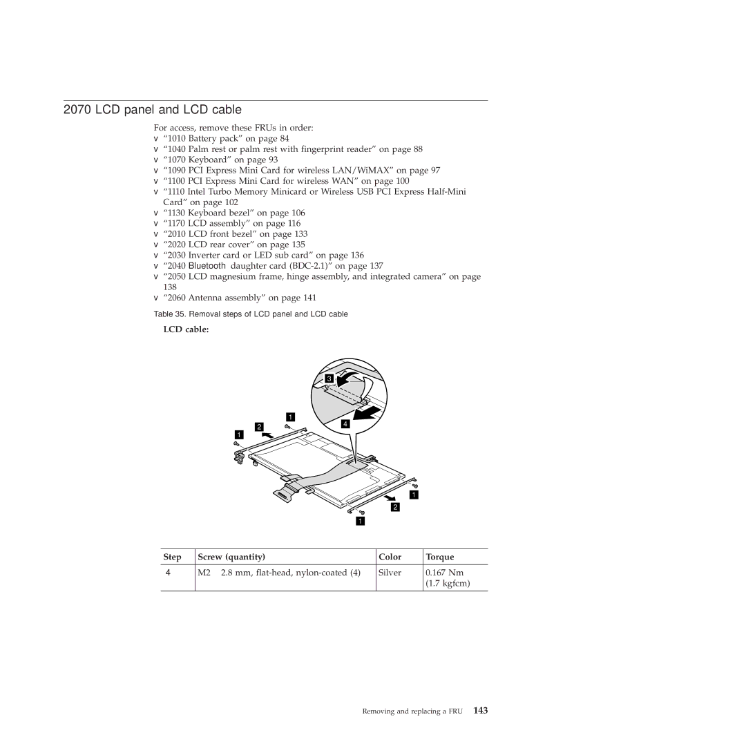 Lenovo R400 manual LCD panel and LCD cable, LCD cable Step Screw quantity Color Torque 