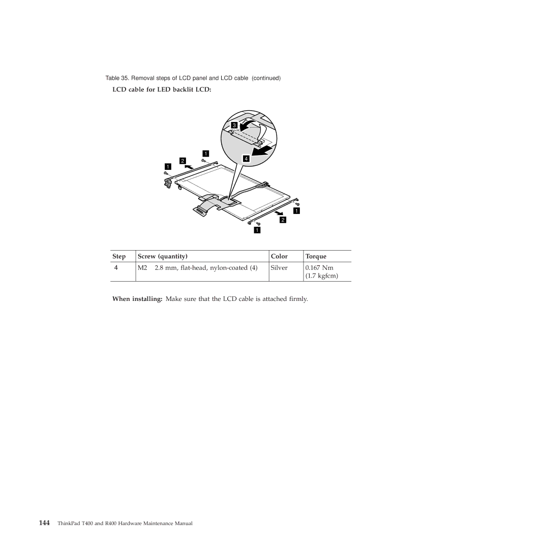 Lenovo R400 manual Removal steps of LCD panel and LCD cable 