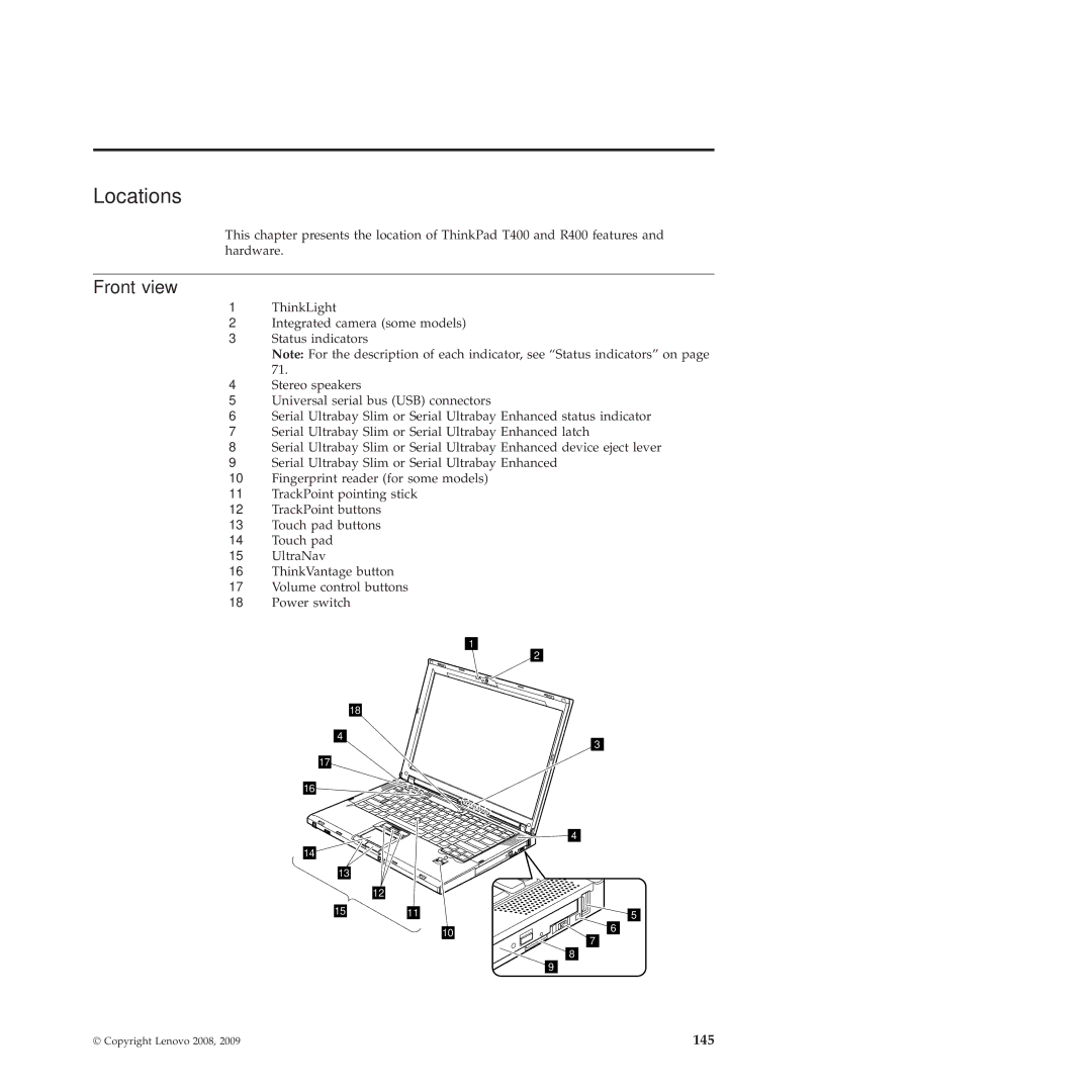 Lenovo R400 manual Locations, Front view 