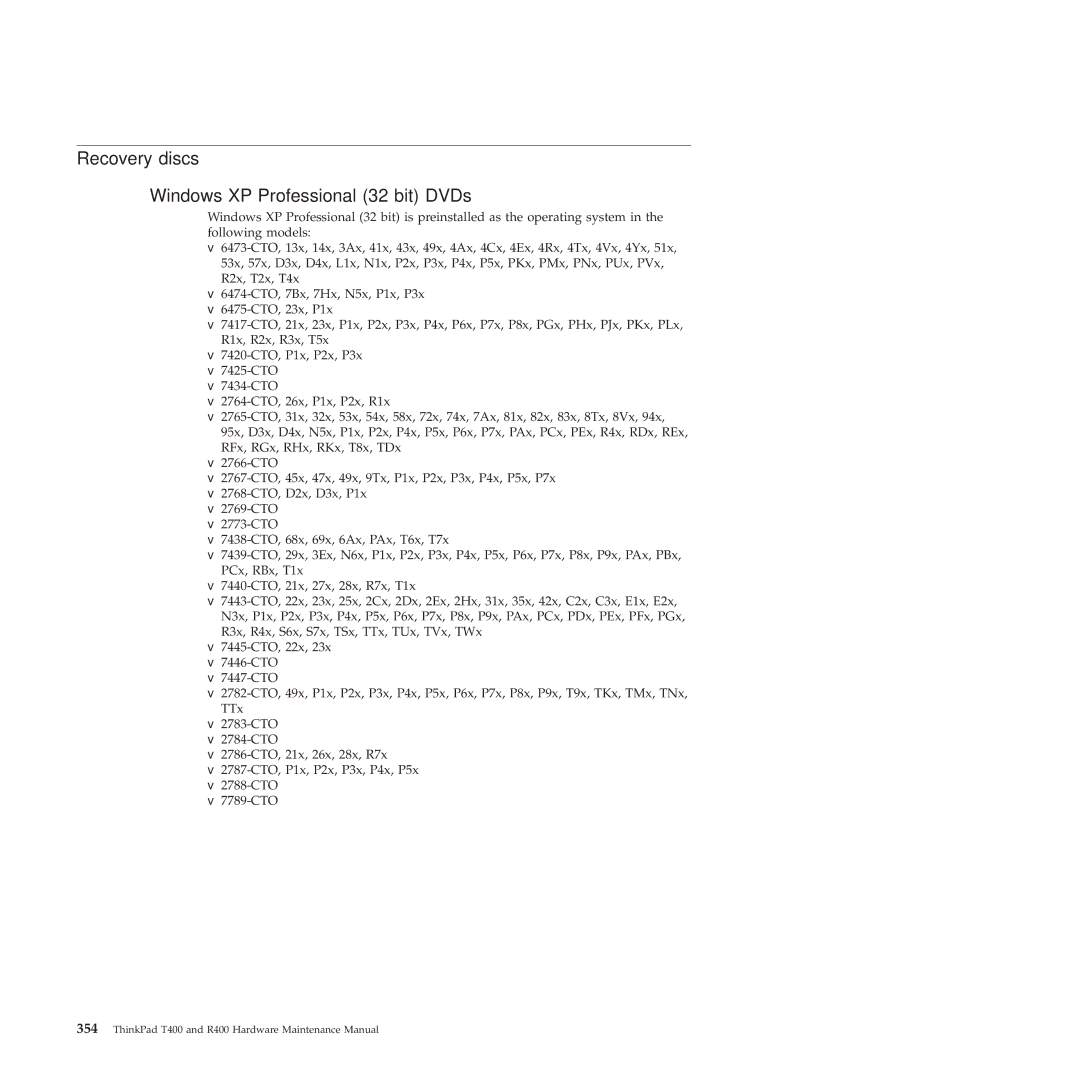 Lenovo R400 manual Recovery discs Windows XP Professional 32 bit DVDs 