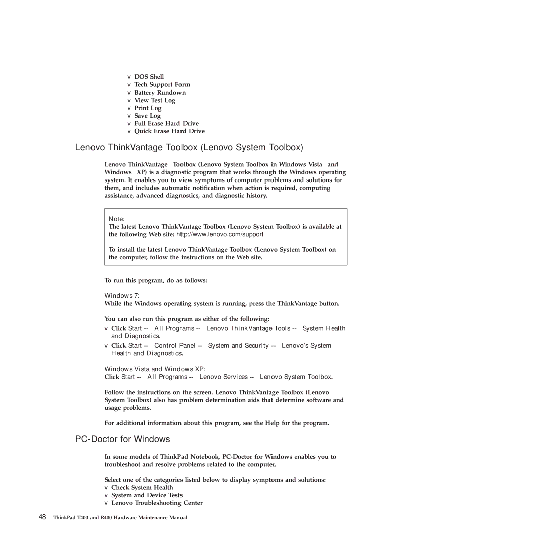 Lenovo R400 manual Lenovo ThinkVantage Toolbox Lenovo System Toolbox, PC-Doctor for Windows 