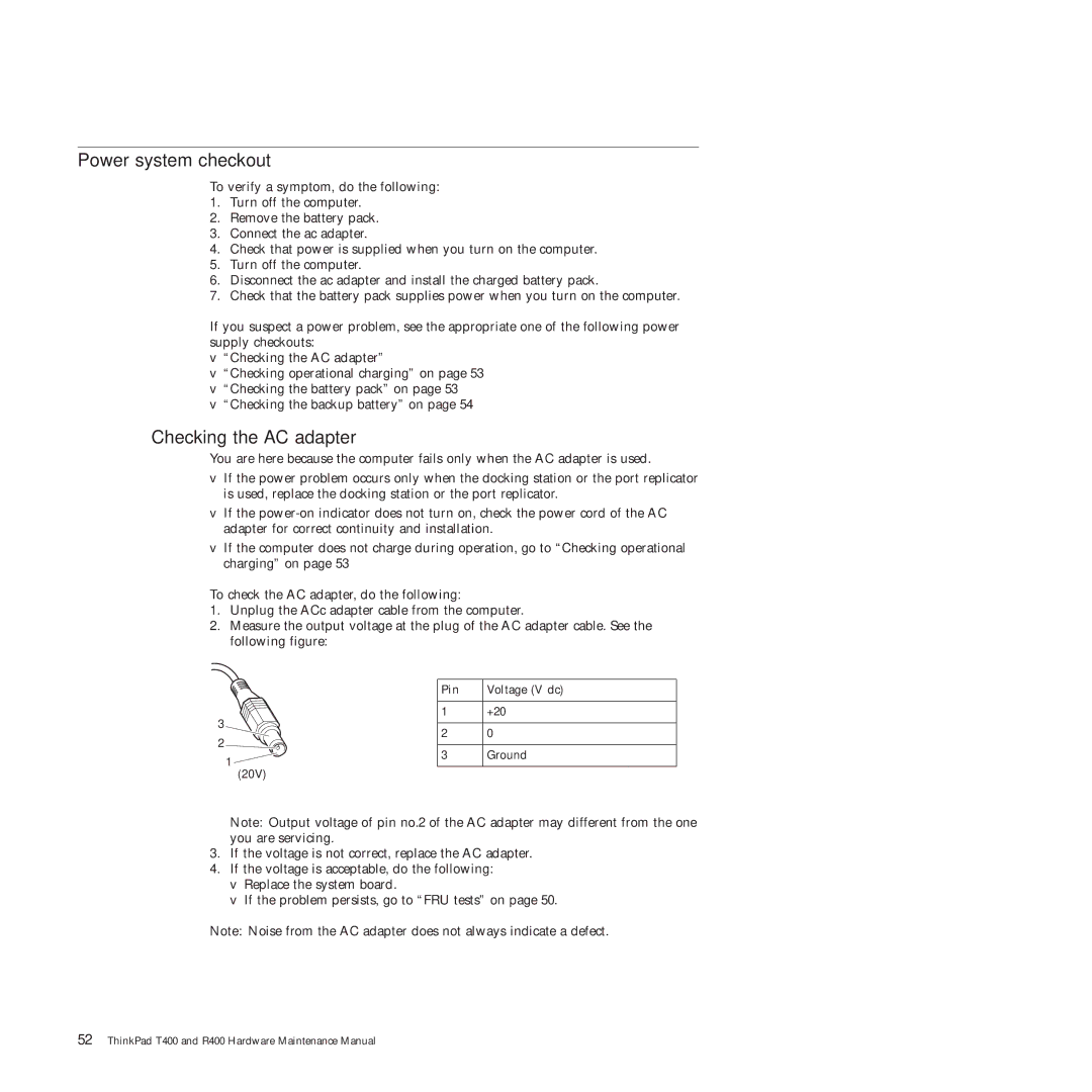 Lenovo R400 manual Power system checkout, Checking the AC adapter, Pin Voltage V dc 