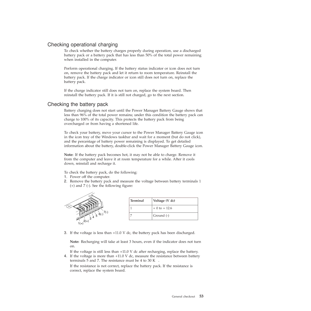 Lenovo R400 manual Checking operational charging, Checking the battery pack, Terminal Voltage V dc 