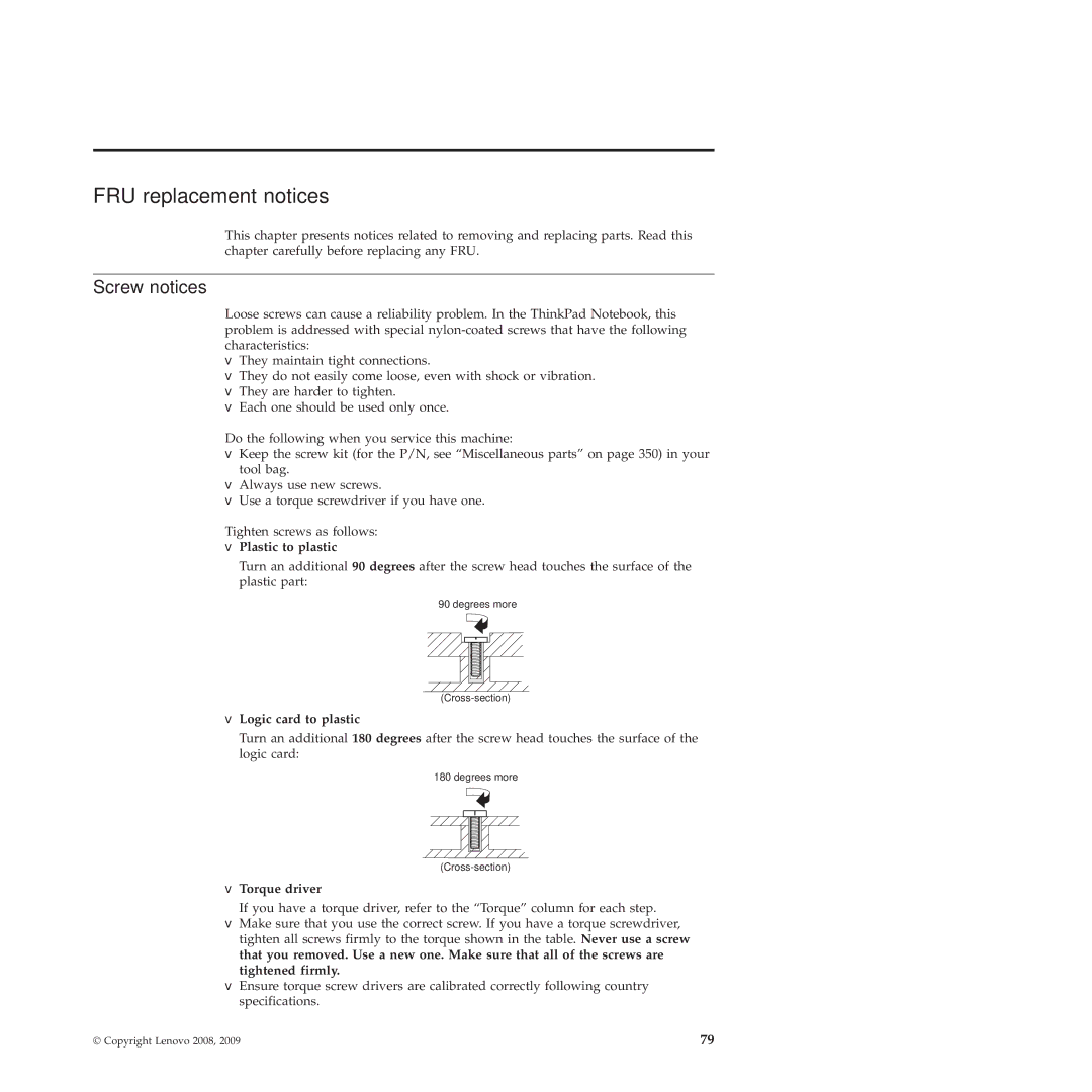 Lenovo R400 manual Screw notices, Plastic to plastic, Logic card to plastic, Torque driver 