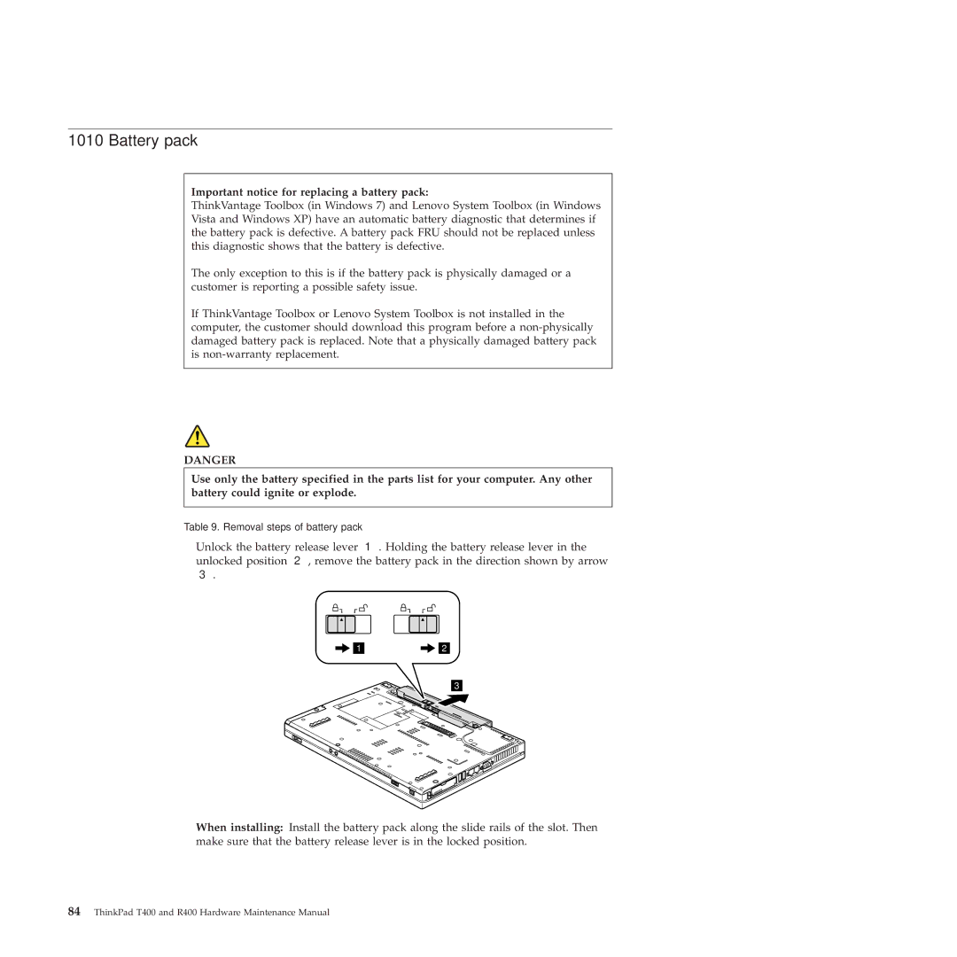 Lenovo R400 manual Battery pack, Important notice for replacing a battery pack 