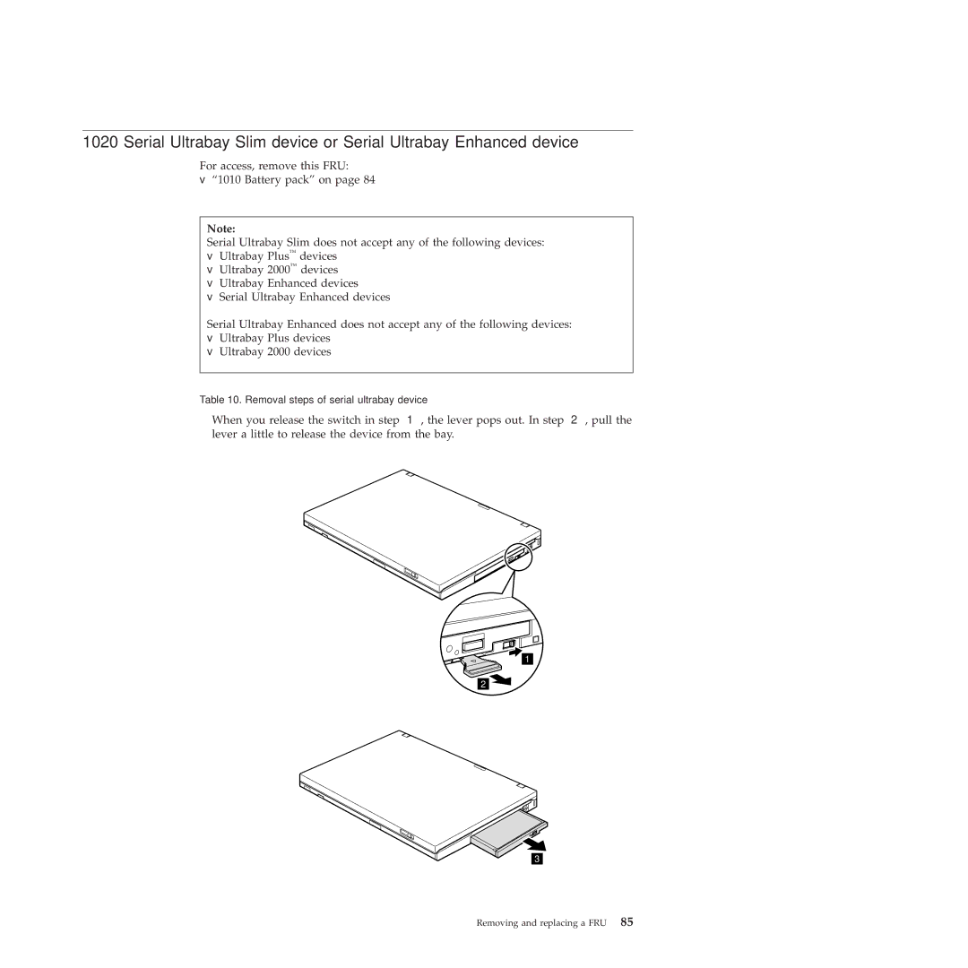 Lenovo R400 manual Removal steps of serial ultrabay device 