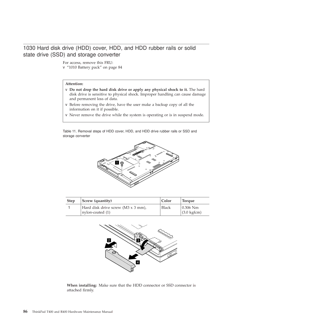 Lenovo R400 manual Step Screw quantity Color Torque 