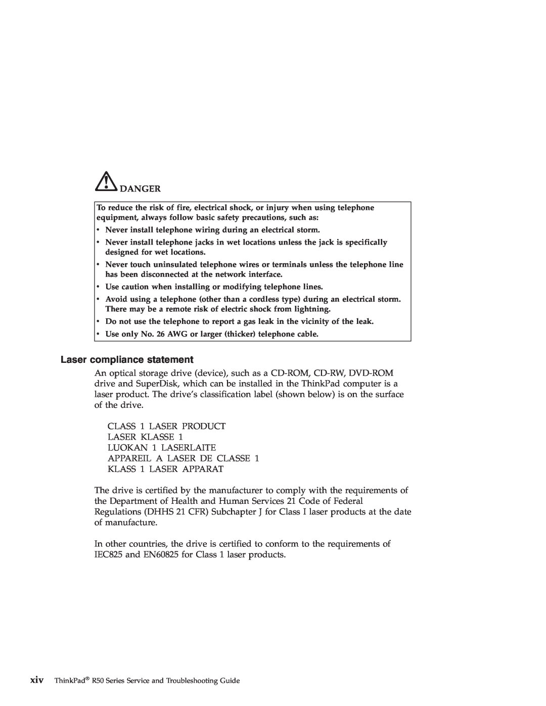 Lenovo R50 manual Laser compliance statement, Danger 